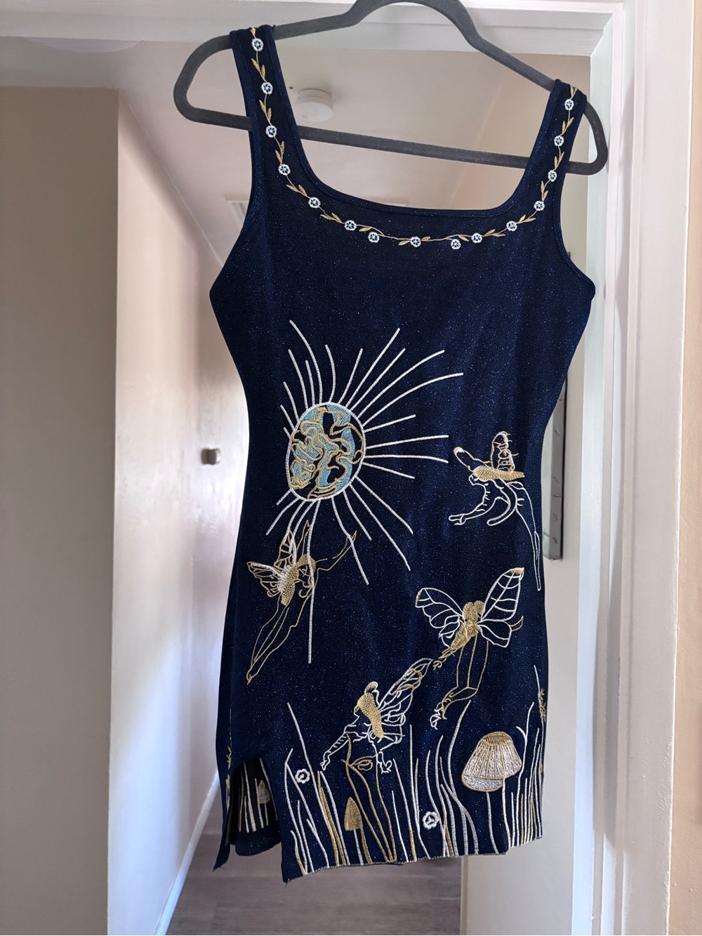 Embellished Navy Sleeveless Dress with Gold Detail